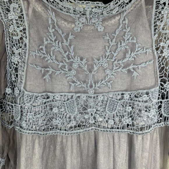 Flowy Lagenlook Tiered Lace Mesh Semi Sheer Layered Blue Blouse Size Medium - Picture 7 of 8